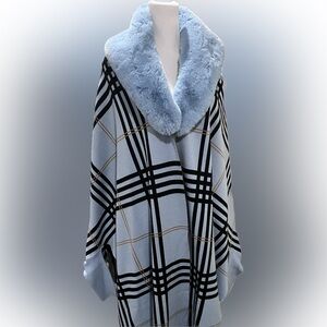 Boston Proper Shawl Plaid Hooded Cape with Faux Fur Trim
